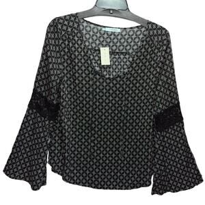 Maurice's Black & White Lattice Print Bell Sleeve Blouse - S Cottagecore Boho